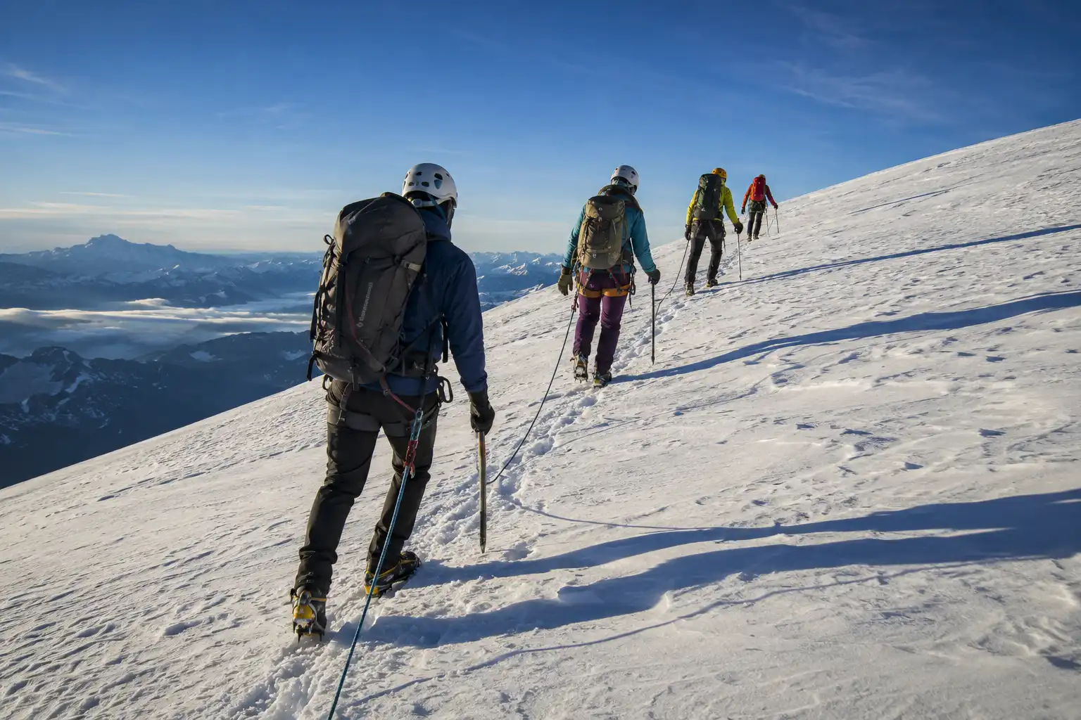 Roped climbers with ice axes and heavy packs ascending the snow covered Muir Snowfield on Mount Rainier in early morning light