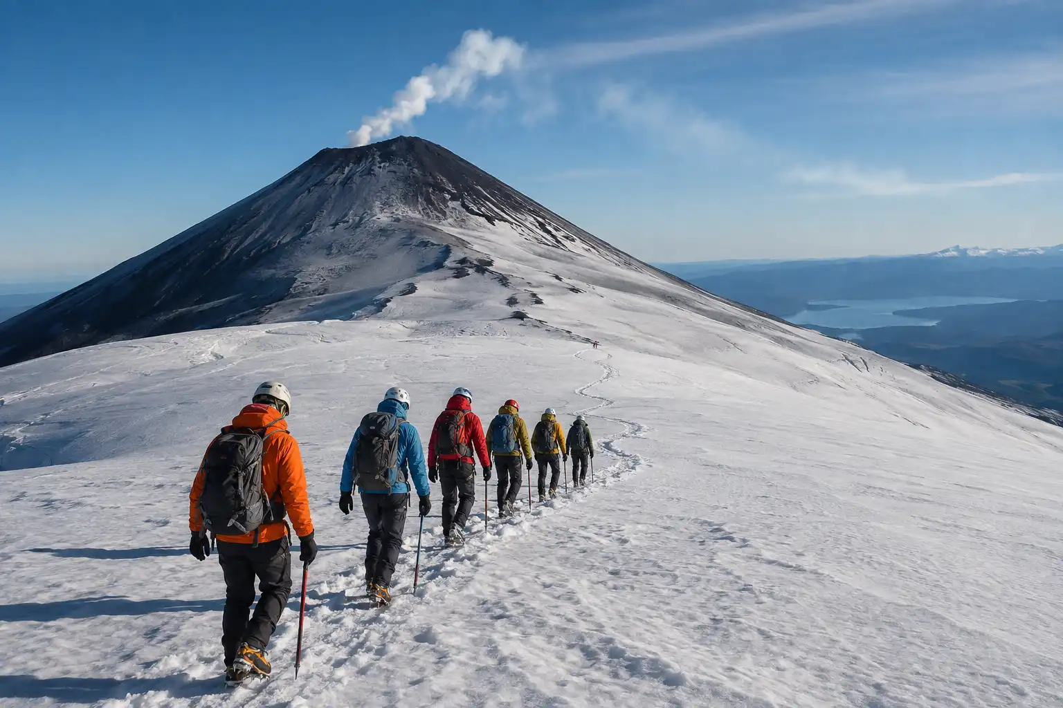 Group of climbers wearing crampons and helmets walking single file up the snow-covered glacier section of Villarrica volcano with the summit cone above