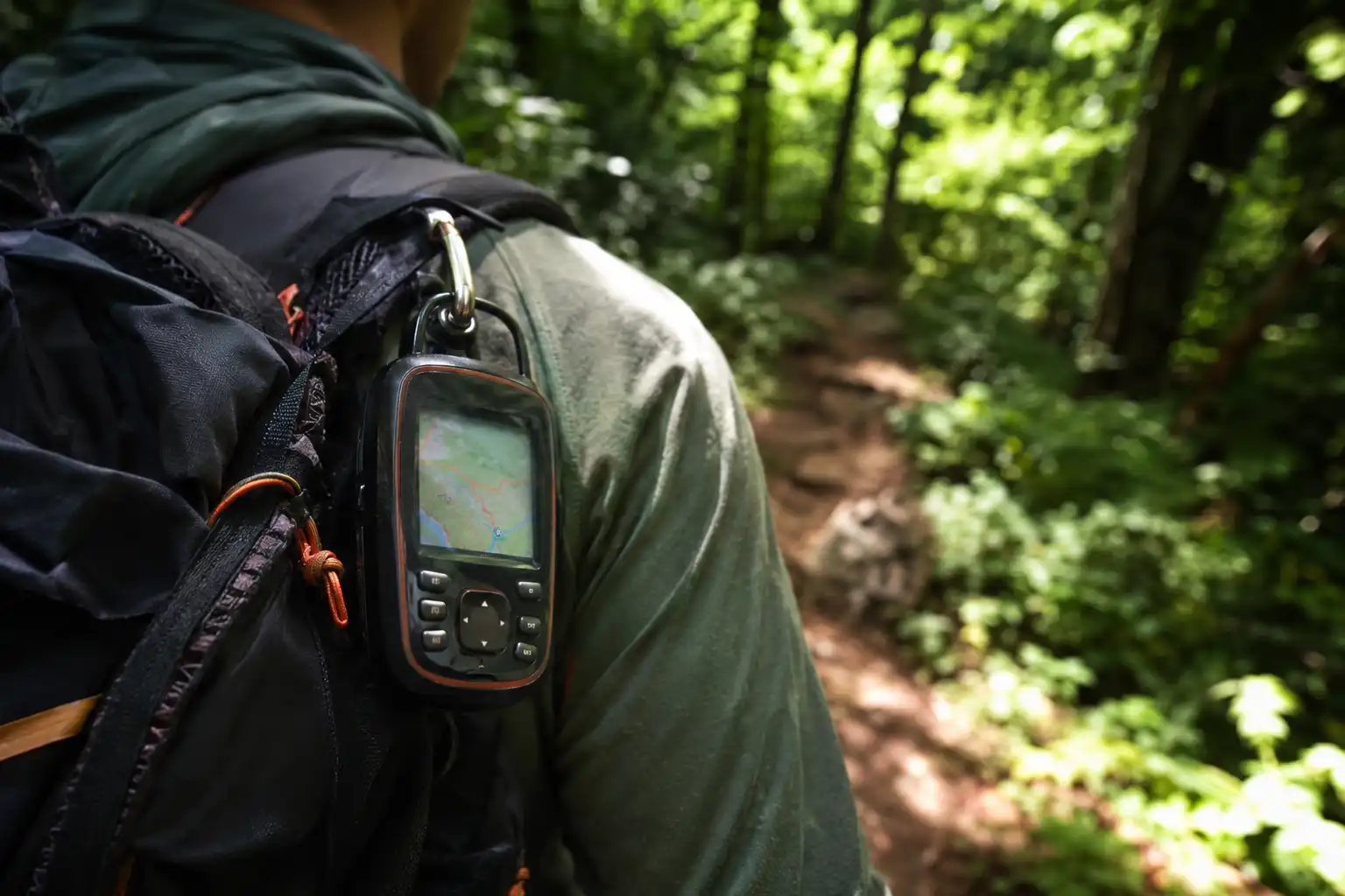 A rugged handheld GPS navigator clipped to a backpack shoulder strap while a hiker walks under dense forest canopy that blocks satellite signals