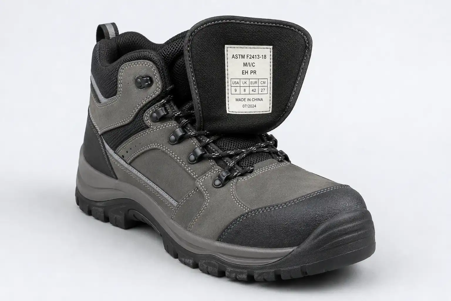 Hiker-style safety boot with the tongue folded open to show the stitched ASTM certification label inside