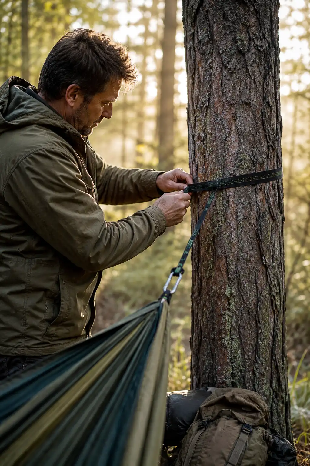 Camper Setting up a Hammock for Camping