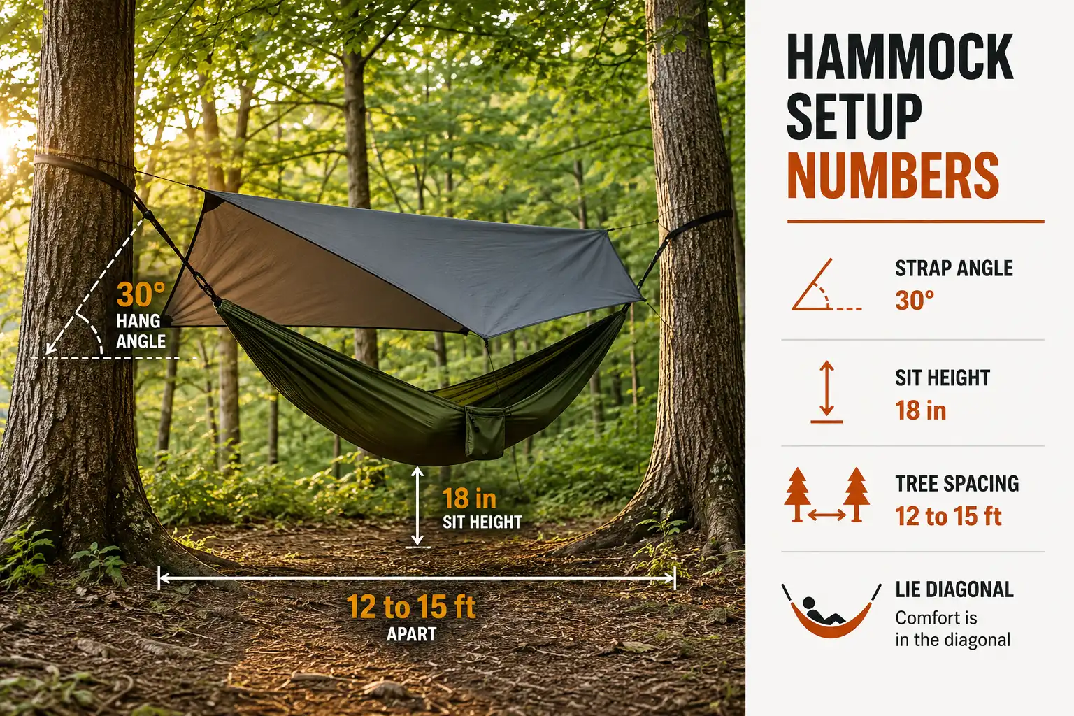 Camping hammock hung between two trees with labels showing the 30 degree strap angle, 18 inch sit height and 12 to 15 foot tree spacing