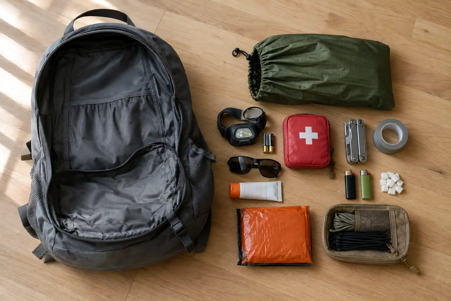 Seven compact hiking essentials grouped in a single stuff sack next to an open day pack, showing how the core kit stays packed between trips