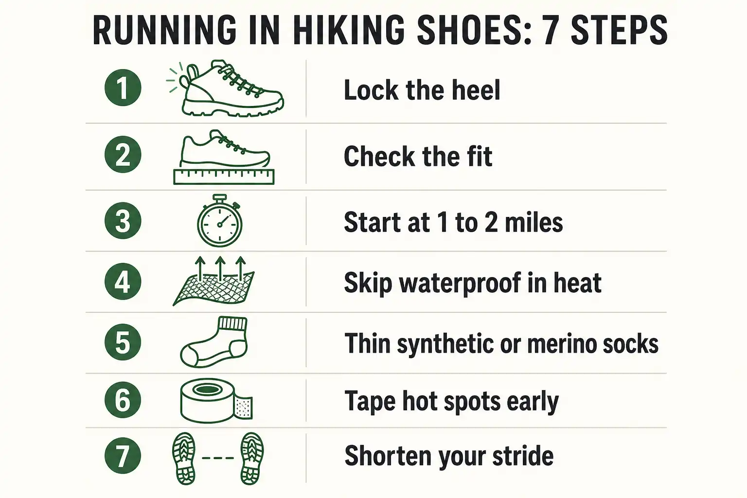 Infographic checklist of seven steps for running in hiking shoes including heel lock lacing, short first runs, breathable uppers and thin socks