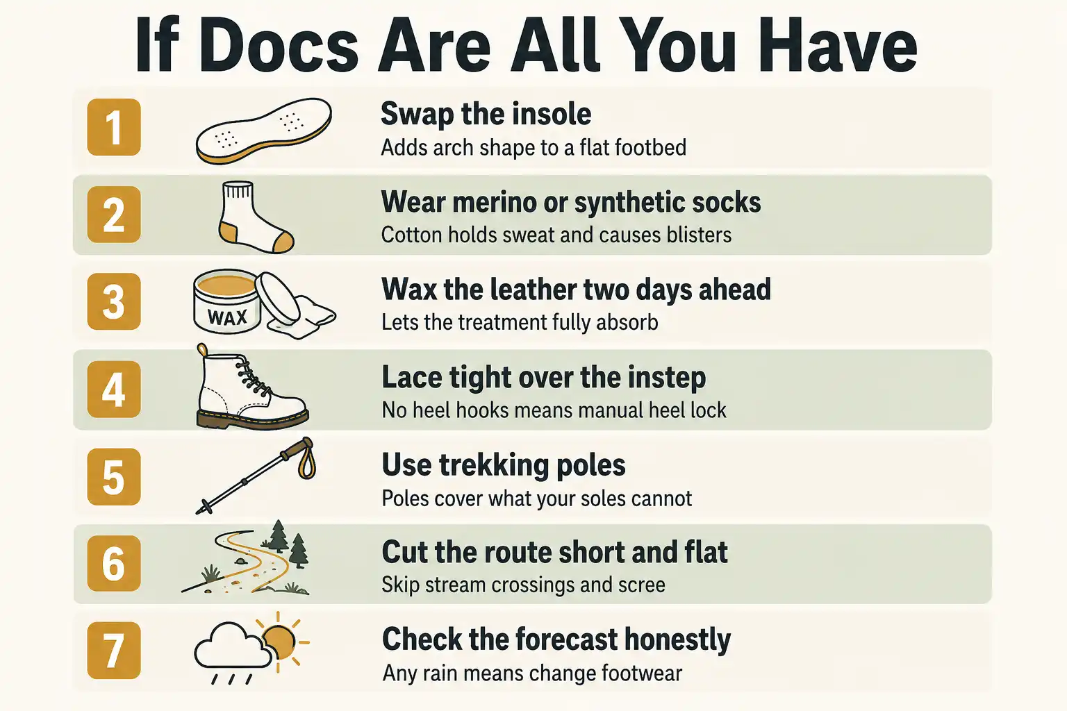 Infographic checklist of seven ways to make Doc Martens safer for a walk including swapping insoles, wearing hiking socks, waxing leather and using trekking poles