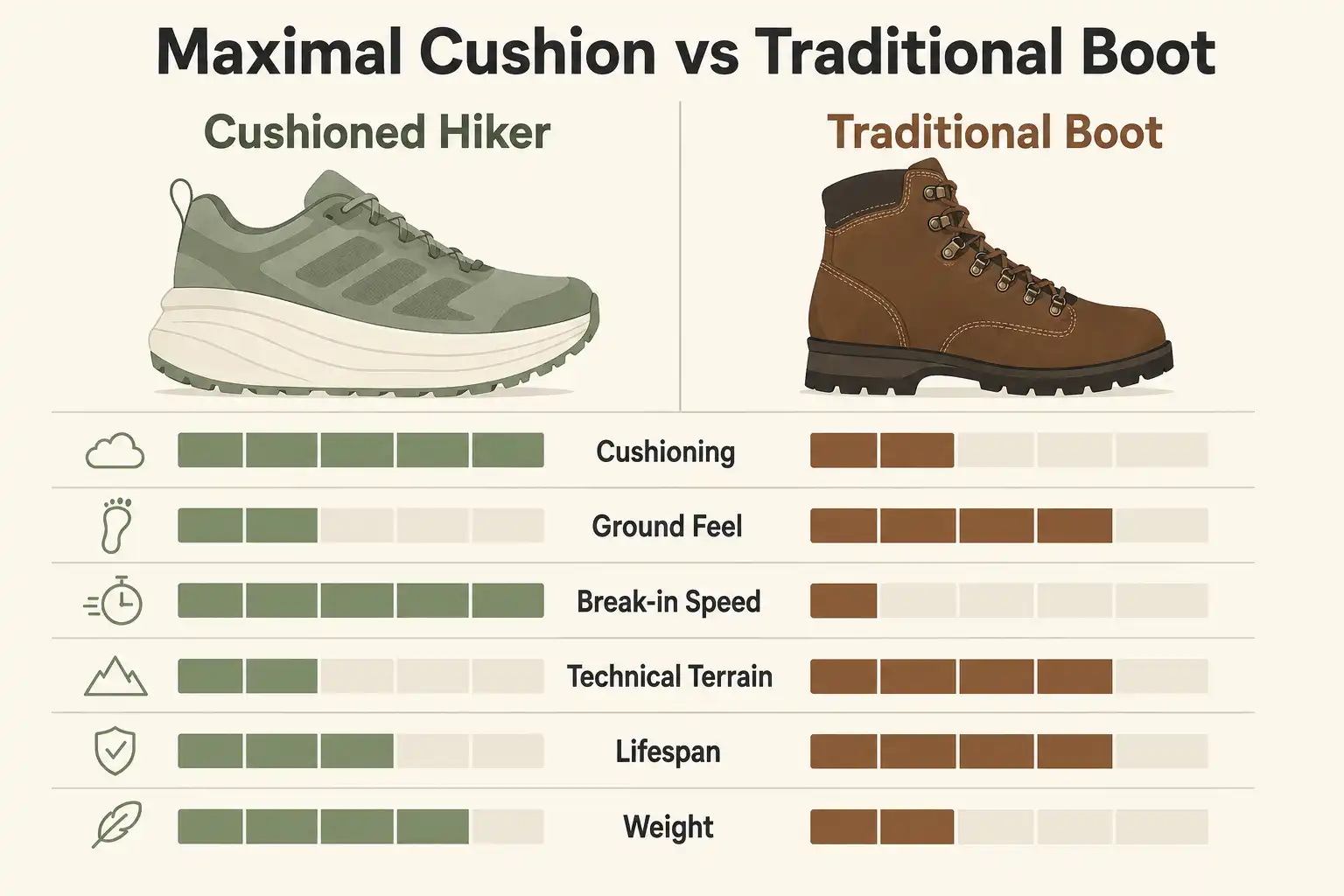 Comparison chart showing cushioning, ground feel, break-in time, technical terrain performance, and lifespan for cushioned hikers versus traditional boots