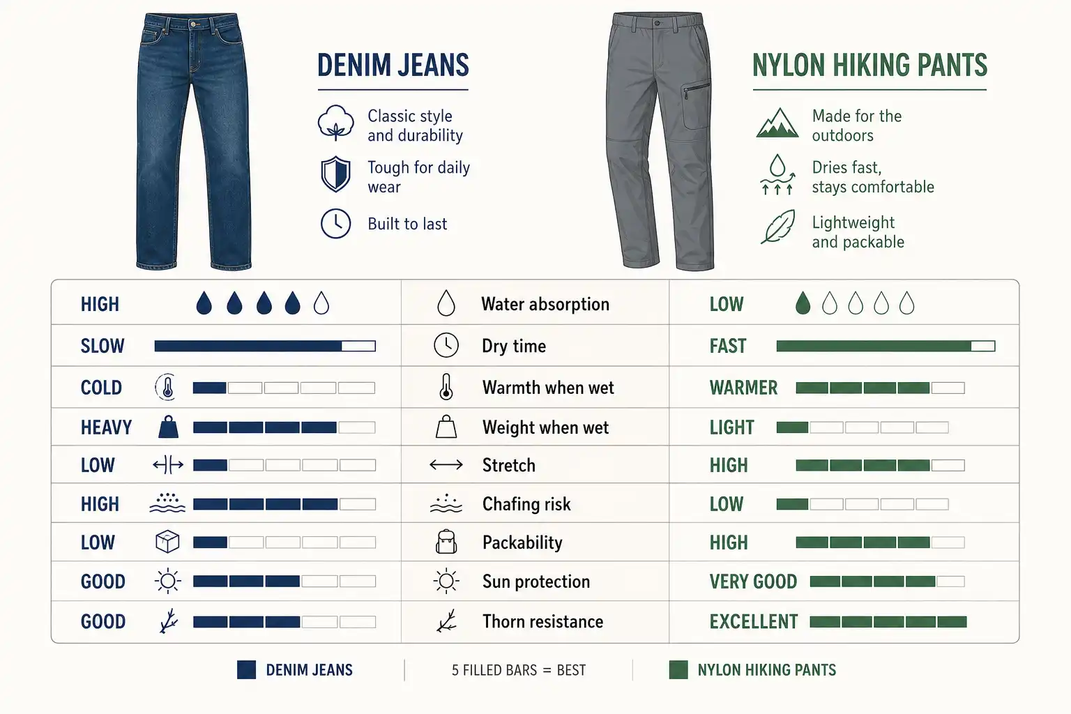 Infographic comparing blue denim jeans and gray nylon hiking pants across dry time, weight when wet, stretch, chafing risk and sun protection