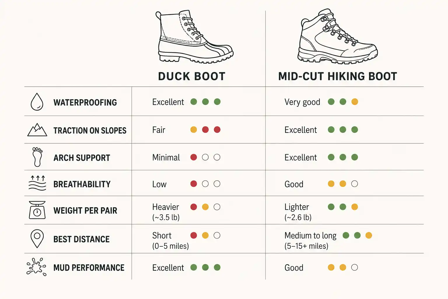 Comparison infographic rating duck boots and hiking boots across waterproofing, slope traction, arch support, breathability, weight, best distance and mud performance
