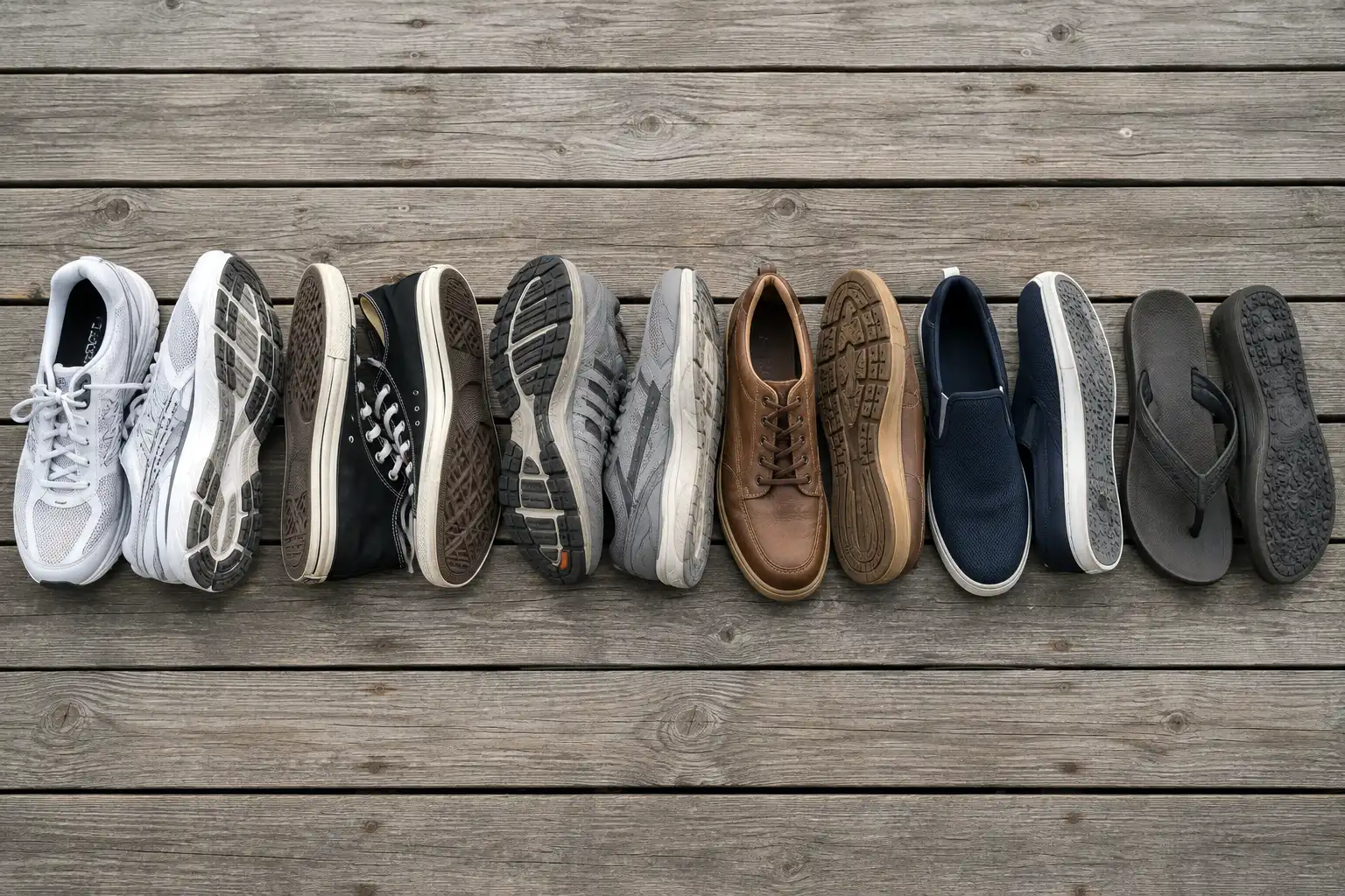 Road running shoes, canvas sneakers, gym trainers, casual leather shoes, slip-ons, and sandals arranged side by side for trail comparison