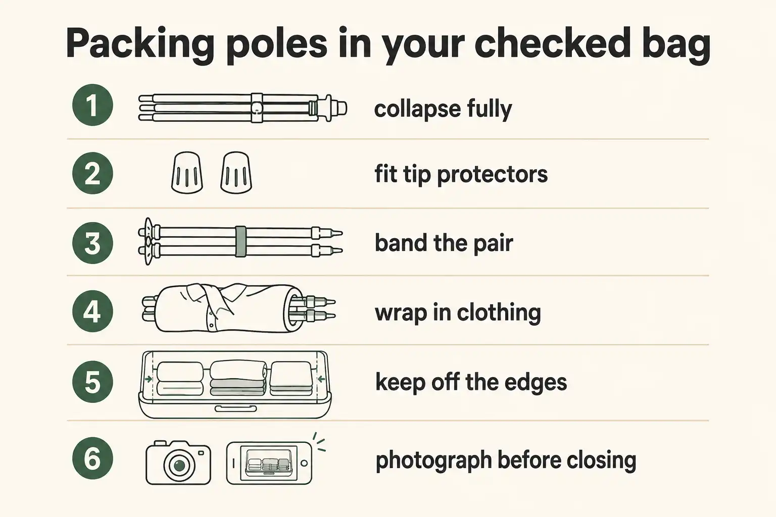 Infographic checklist of six steps for packing hiking poles safely in checked baggage
