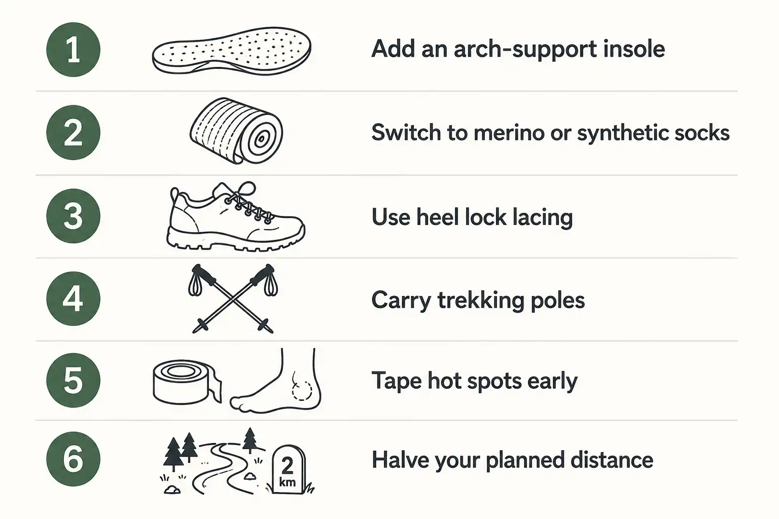 Numbered infographic showing insole, wool socks, heel lock lacing, trekking poles, taping hot spots, and reducing distance
