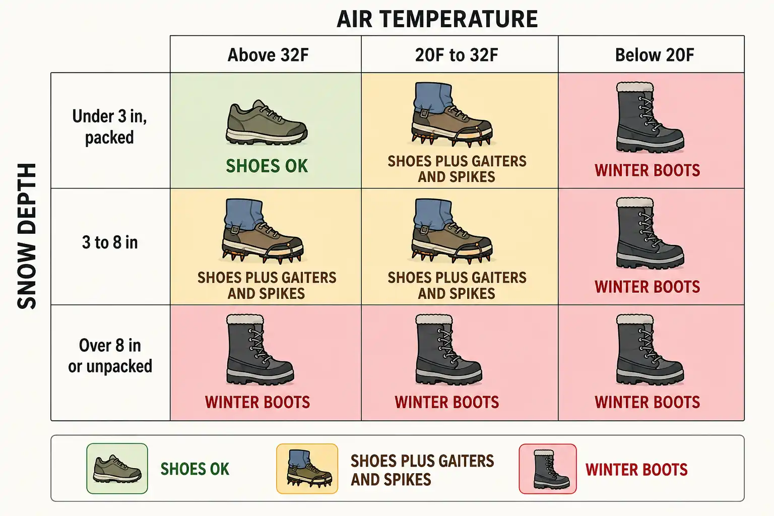 Decision chart matching snow depth and air temperature to hiking shoes, hiking shoes with gaiters and spikes, or insulated winter boots