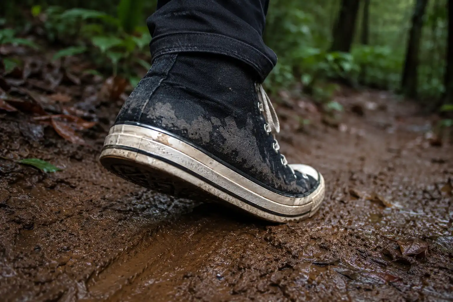 Wet canvas sneaker covered in mud on a slick forest trail showing how canvas absorbs water while hiking