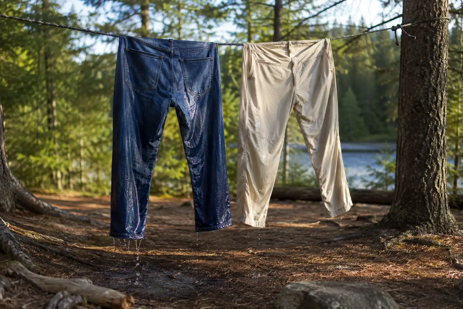 Two pairs of pants hanging on a camp clothesline after soaking, with water dripping from the blue jeans while the nylon pair already looks nearly dry