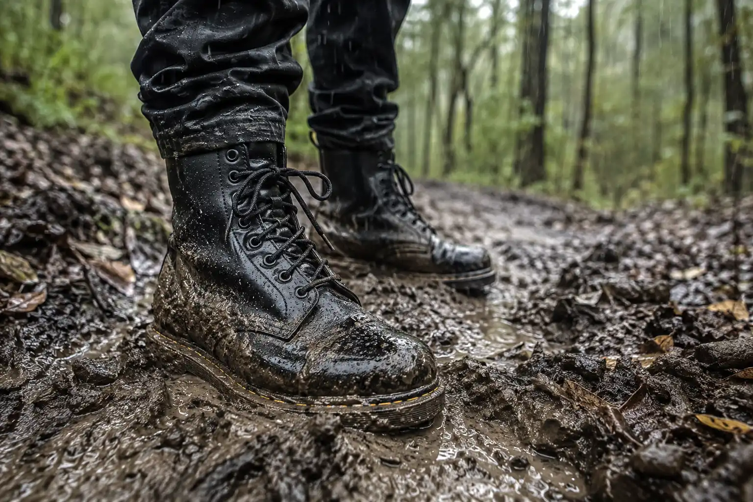 Hiker in dark leather 8-eye boots standing ankle deep in wet mud on a forest trail during rain, leather visibly darkened by water