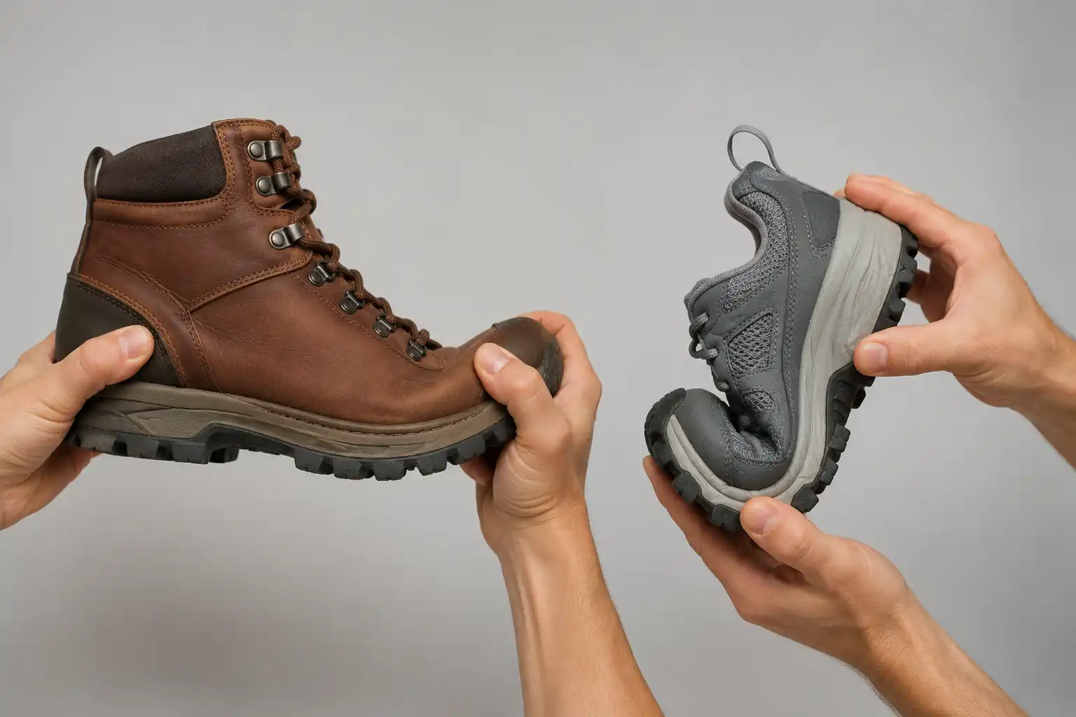 Two hands bending a stiff hiking boot sole and a flexible walking shoe sole to show the difference in forefoot flex