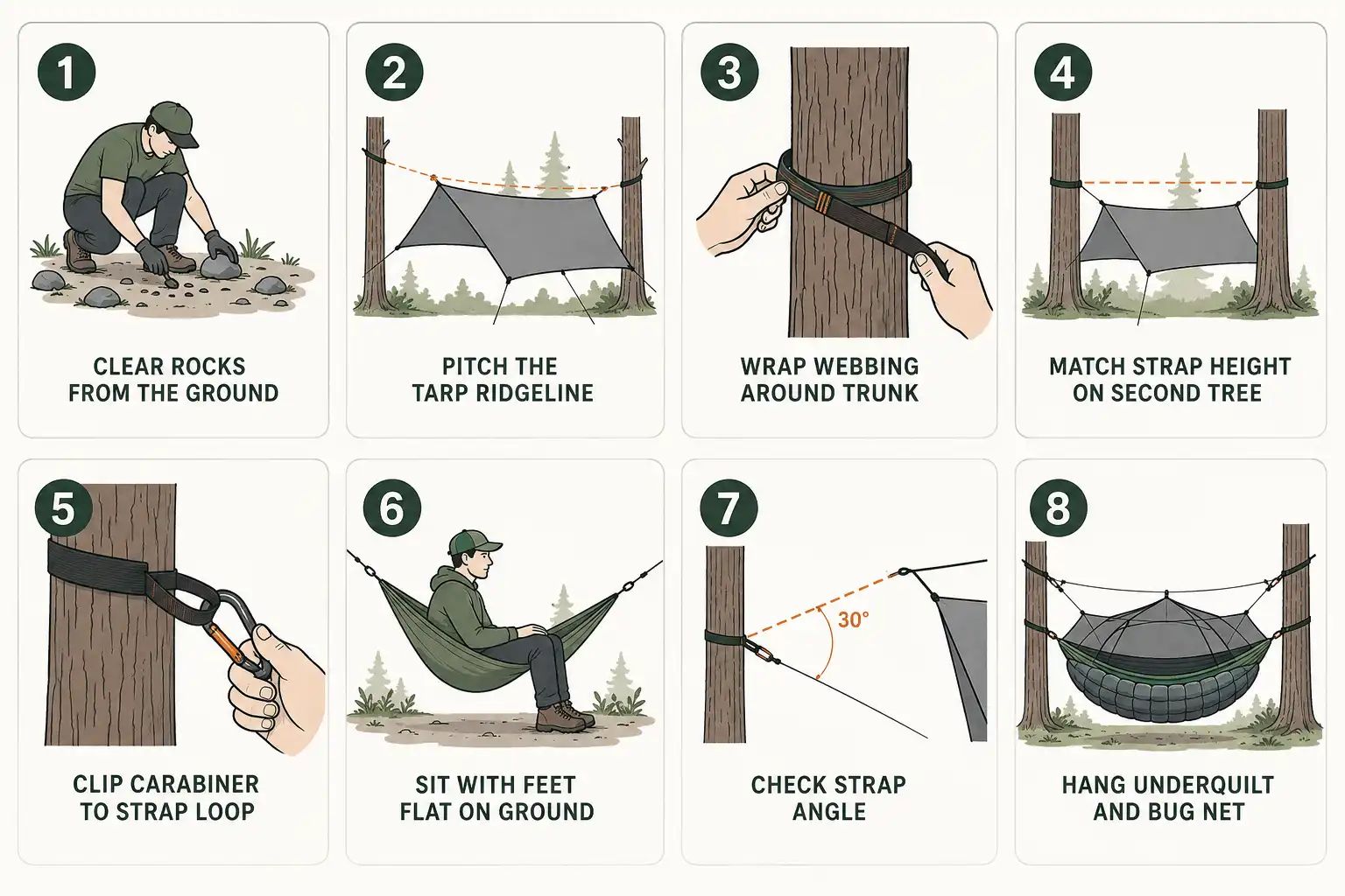 Infographic of the eight steps to set up a camping hammock from clearing the ground to fitting the bug net