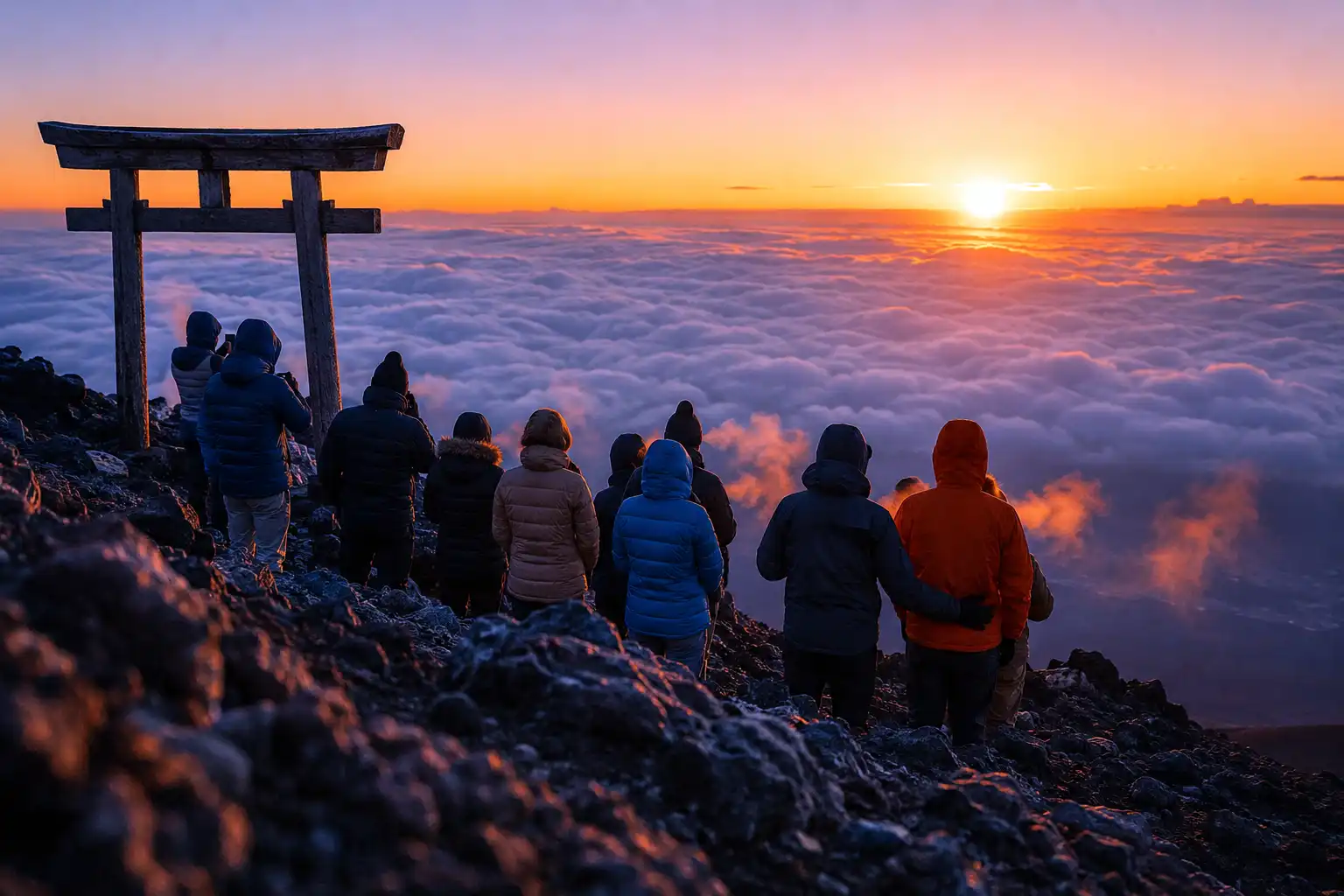 Climbers standing on the crater rim of Mount Fuji watching the sun rise above a sea of clouds