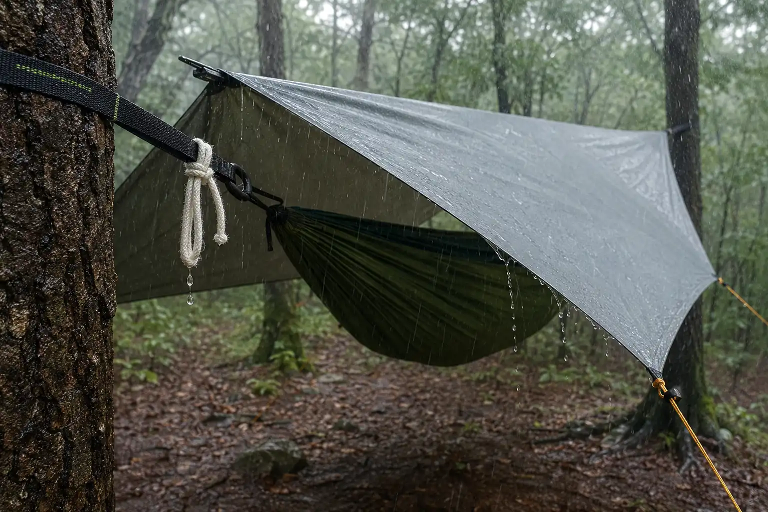 Grey tarp pitched in A frame over a hammock in steady rain with drip lines tied to the suspension straps