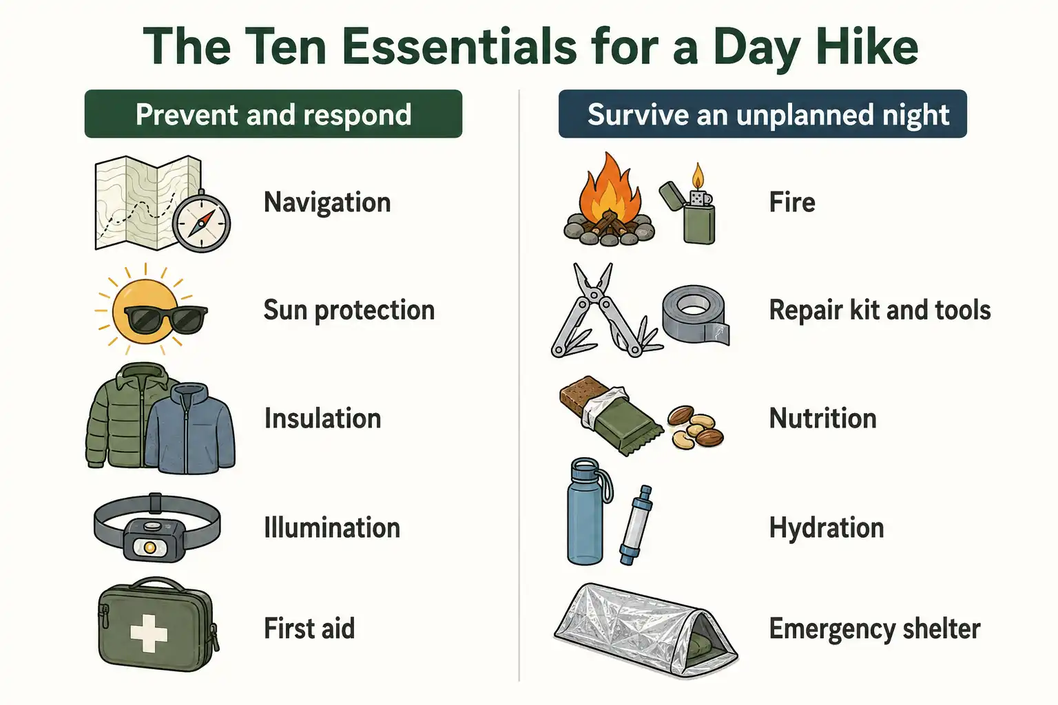 Infographic of the ten hiking essentials split into five items that prevent problems and five that help you survive an unplanned night outdoors