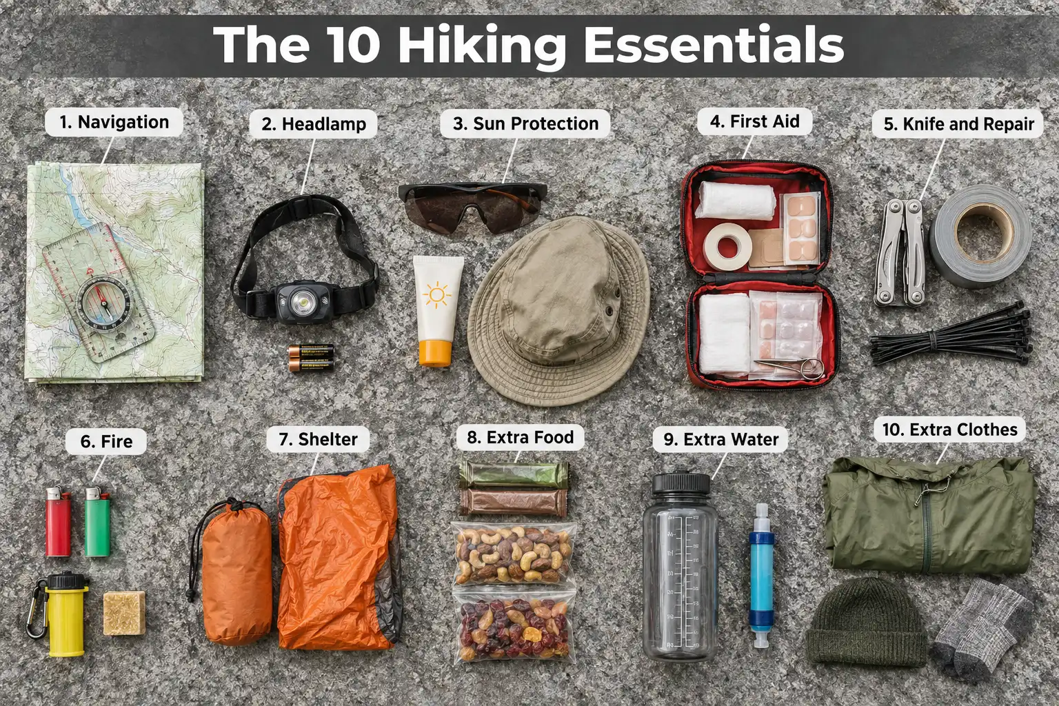 The ten hiking essentials laid out and labeled: navigation, headlamp, sun protection, first aid, knife, fire, shelter, food, water, and extra clothes