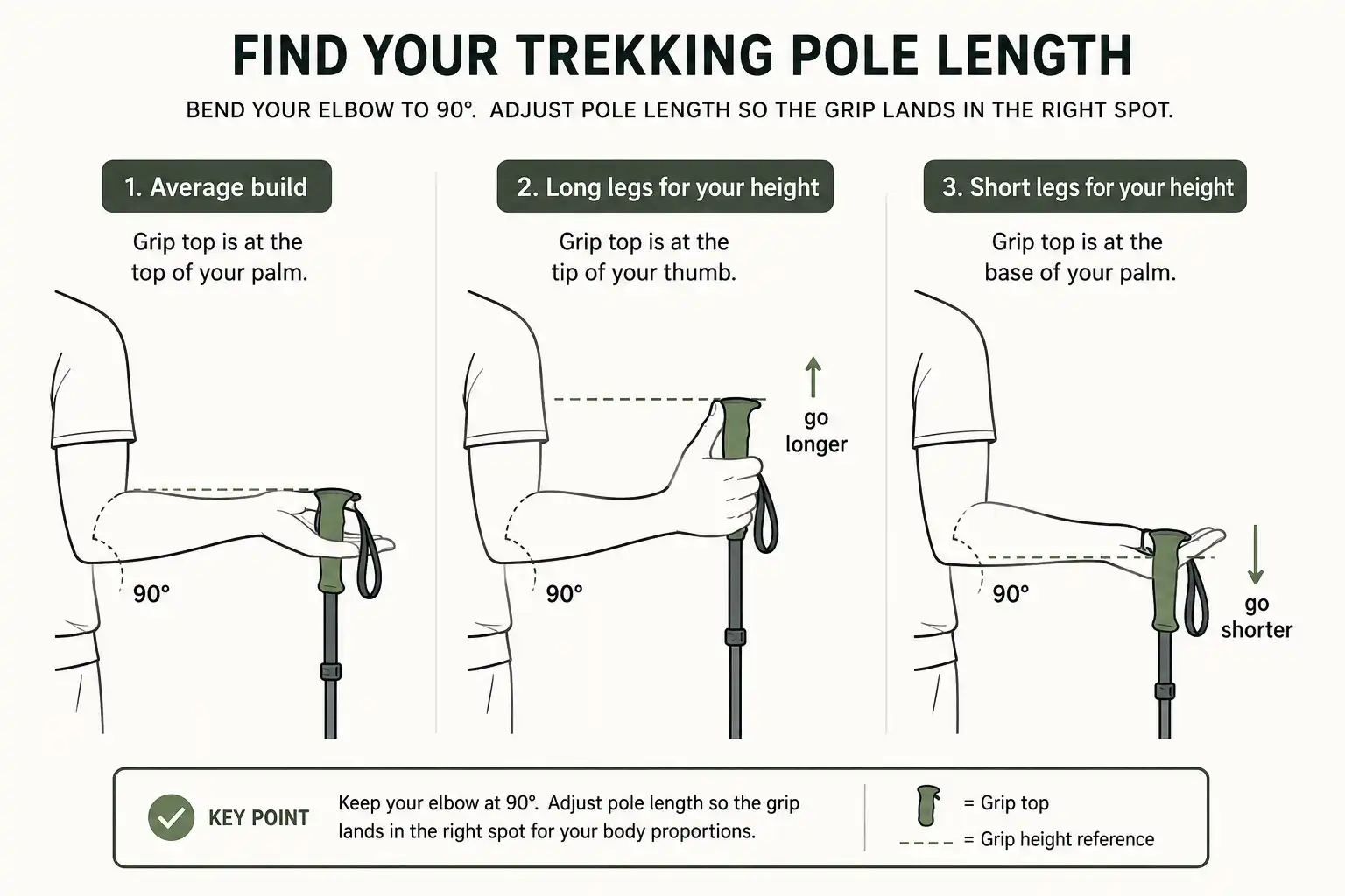 Diagram showing pole grip resting at the top of the palm, at the thumb tip and at the base of the palm for average, long legged and short legged hikers