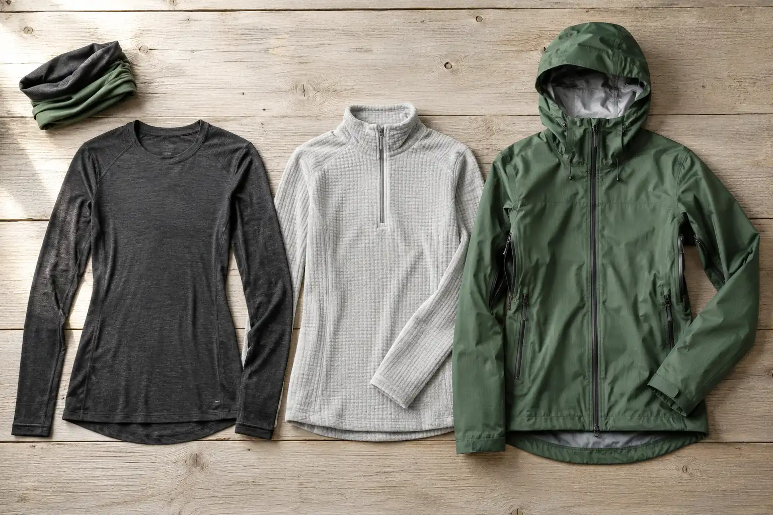 Merino base layer top, gray fleece pullover, and green waterproof shell jacket arranged side by side to show a hiking layering system