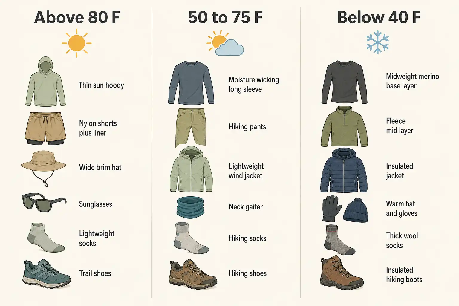 Infographic showing three complete women's hiking outfits arranged by temperature range from above 80 degrees to below 40 degrees Fahrenheit