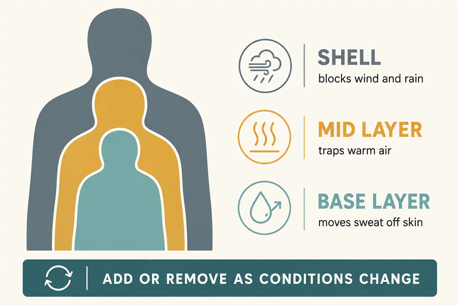 Infographic of the three hiking layers and their jobs, from the sweat wicking base layer through the insulating mid layer to the weatherproof outer shell