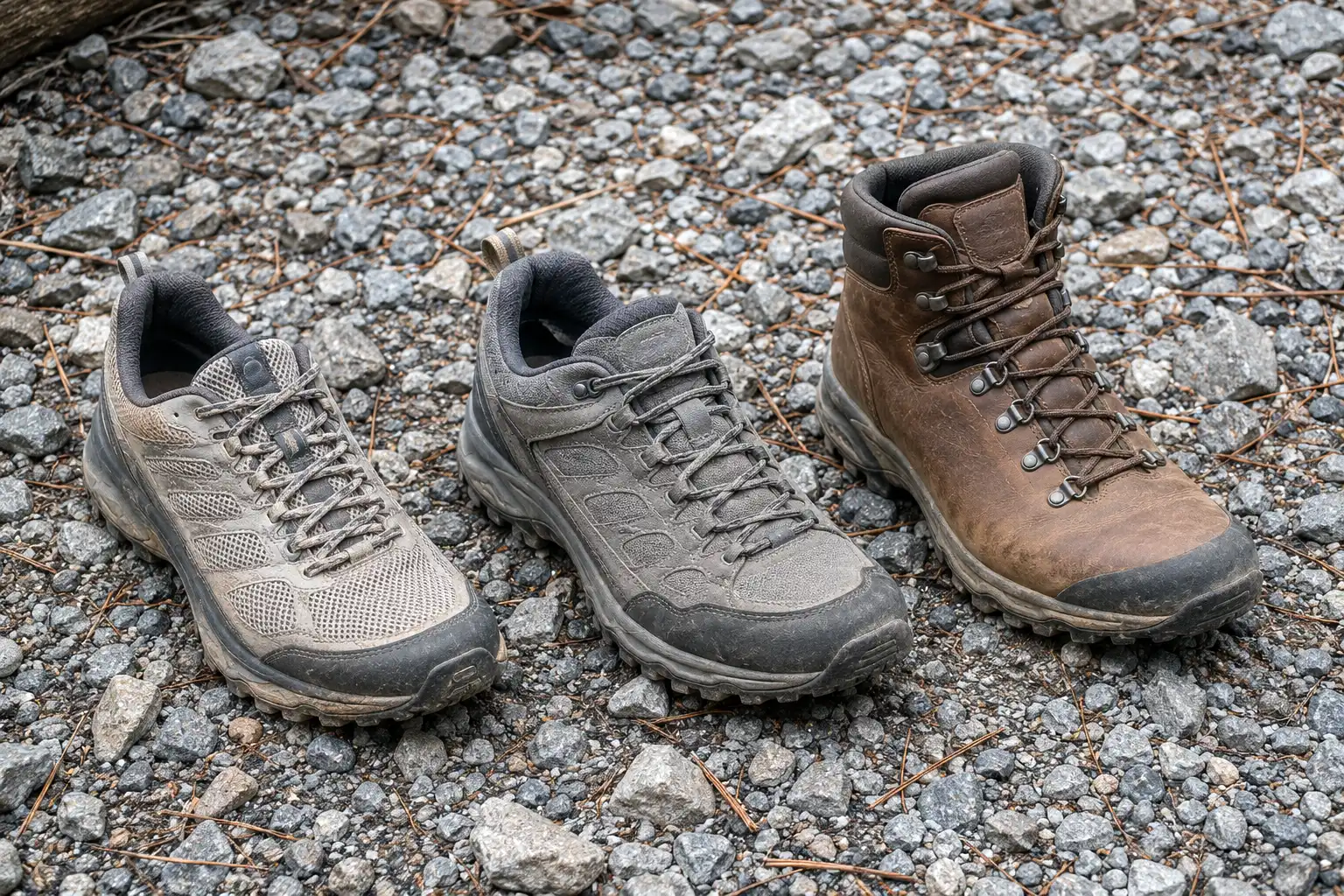 Trail running shoe, low cut hiking shoe, and mid hiking boot arranged side by side on gravel to compare footwear choices
