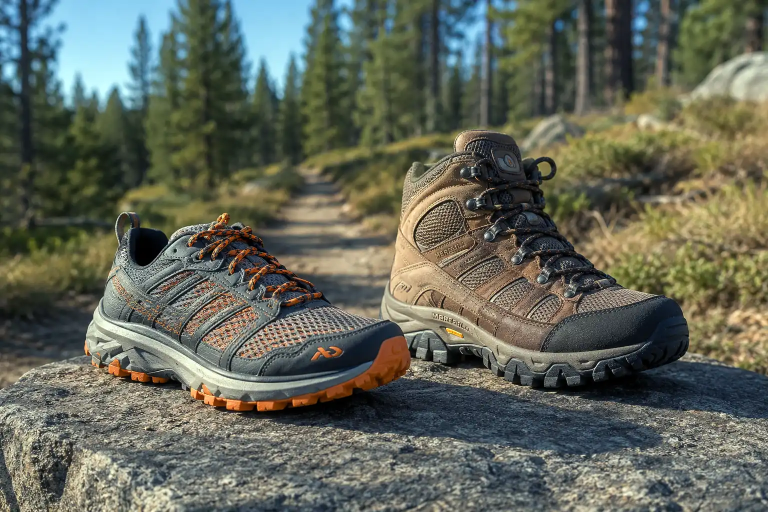 A gray trail running shoe beside a brown mid-cut hiking boot resting on a flat rock at a forest trailhead