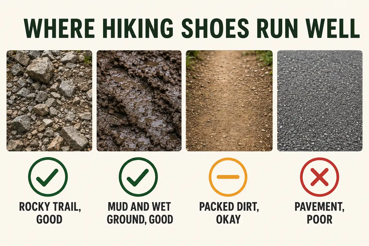 Infographic comparing four running surfaces and showing hiking shoes perform well on rocky and muddy trail but poorly on asphalt