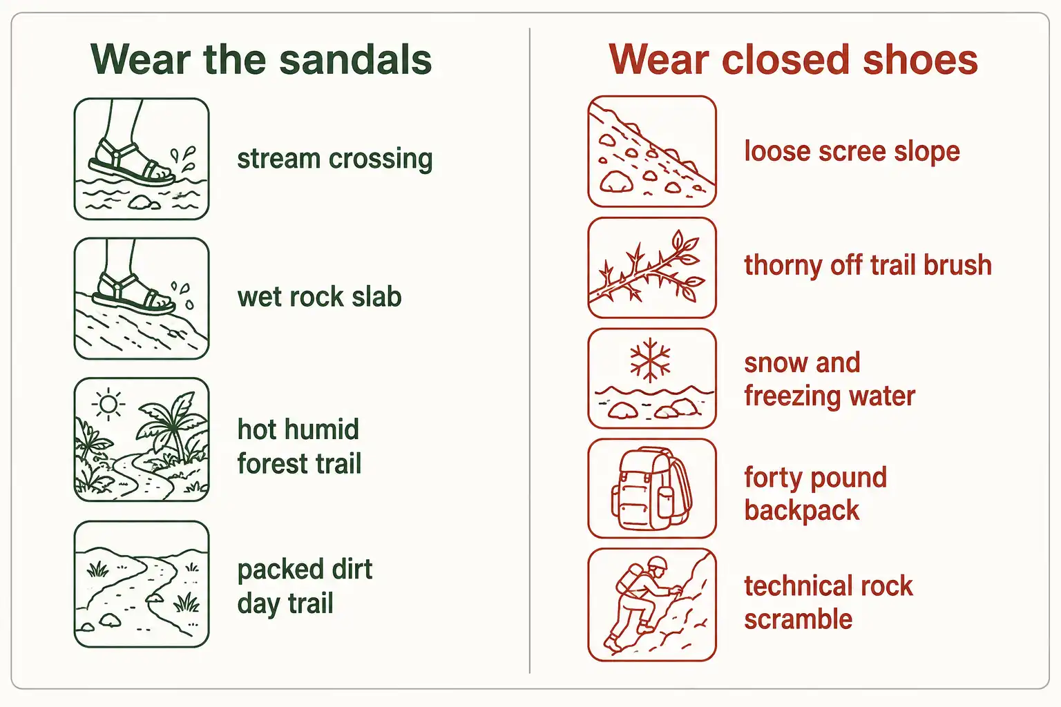 Two column comparison chart of trail conditions suited to hiking sandals versus conditions that require closed hiking shoes