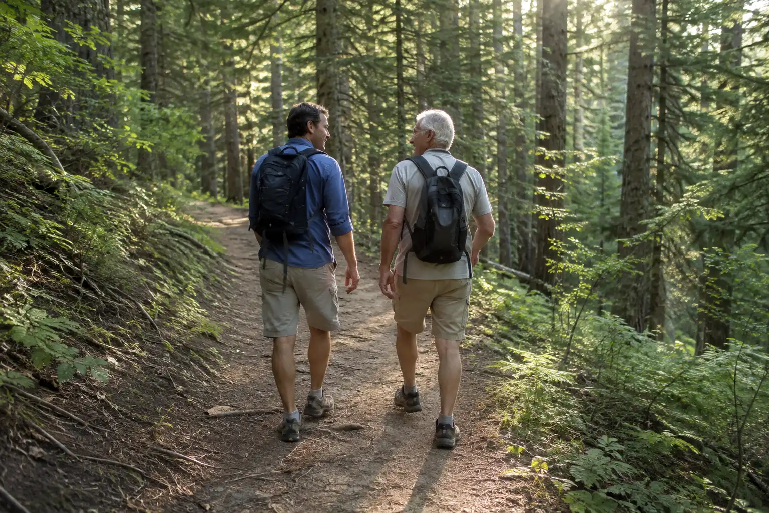 Two hikers of different ages walking side by side up a shaded forest trail at a relaxed pace they can hold while talking