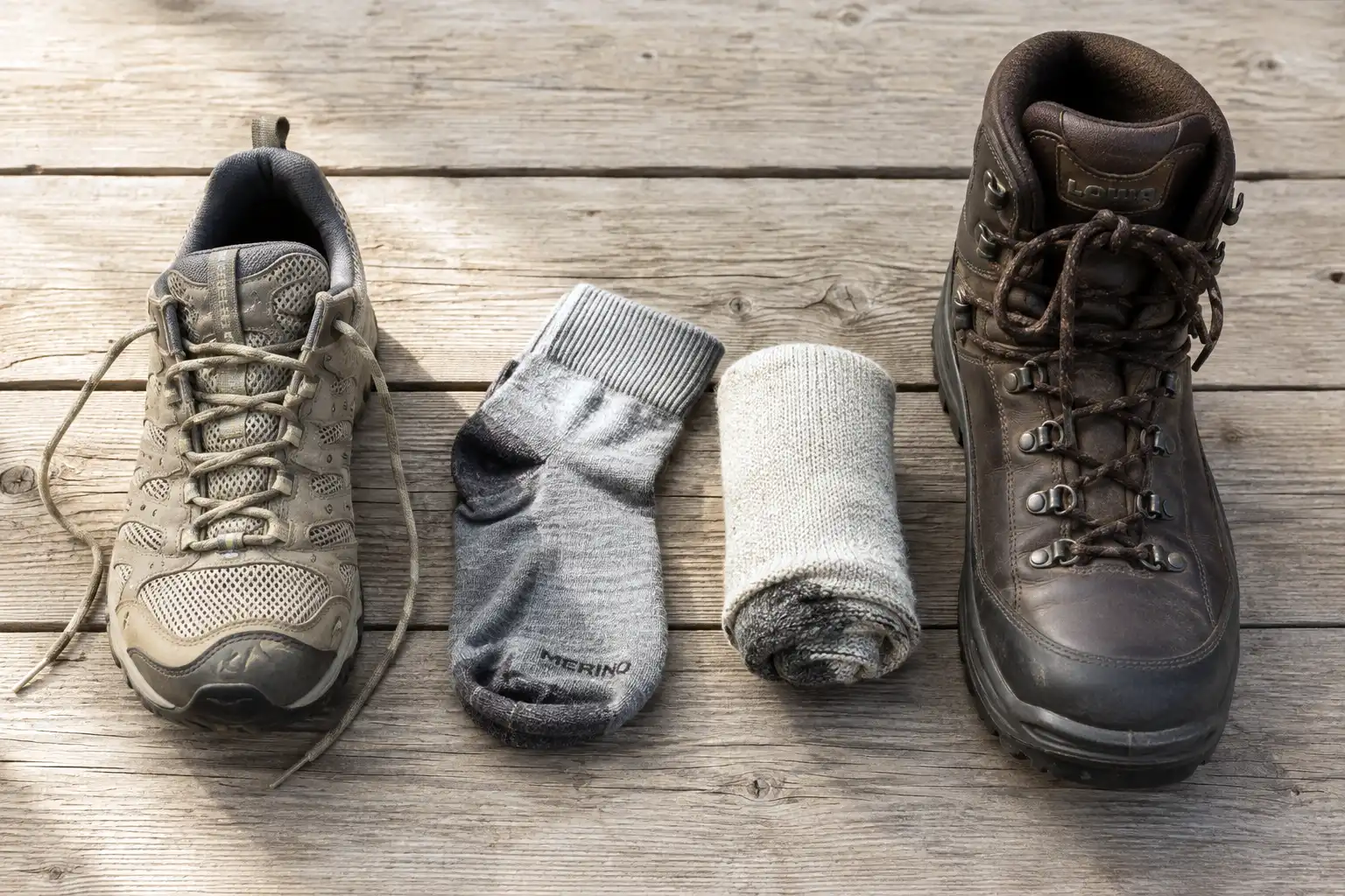 Close comparison of a breathable mesh trail shoe and a waterproof hiking boot with a thin merino sock, for hot weather hiking
