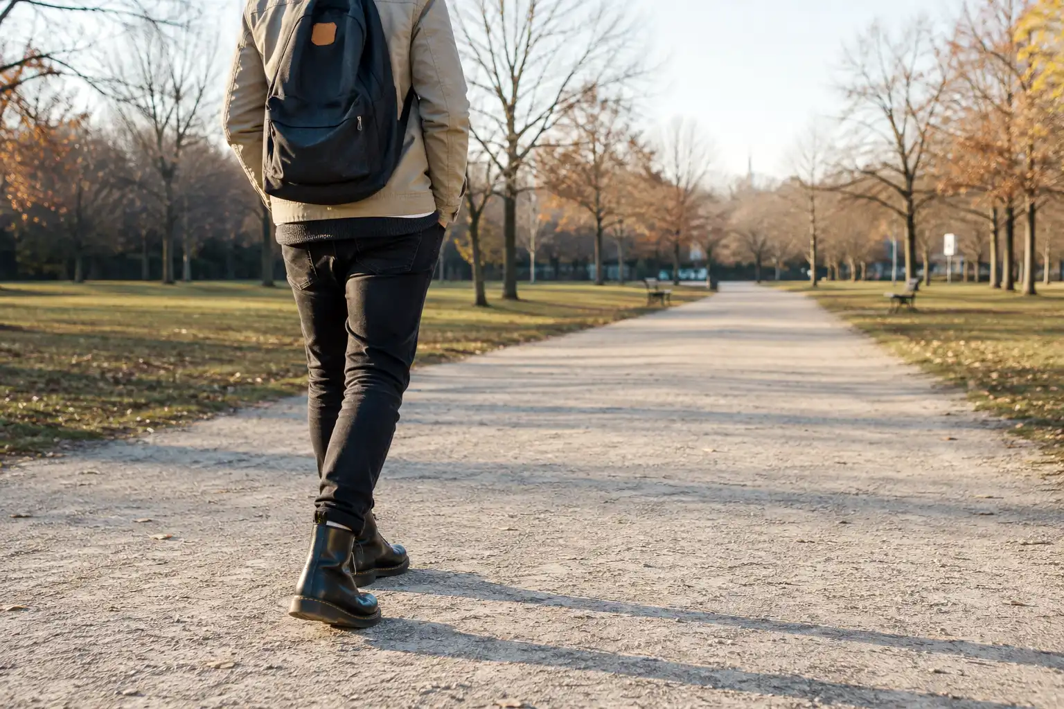 Person walking in black leather 8-eye boots along a flat packed gravel path through a dry park in cool weather