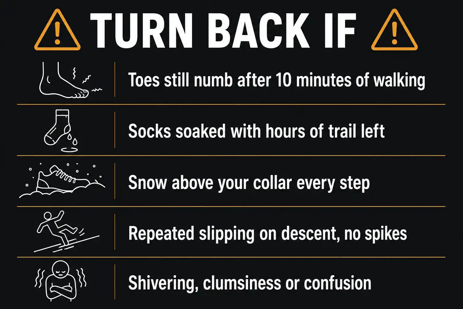 Checklist of five signs that a hiker in snow should turn back, including numbness that does not clear and snow above the shoe collar