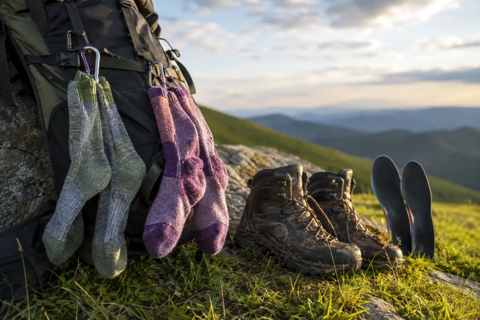 Two pairs of wool hiking socks clipped to a backpack strap drying in the sun at a hillside campsite