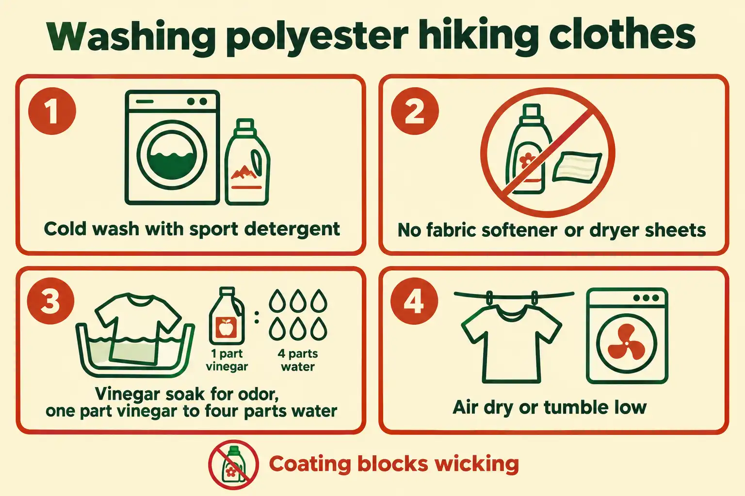 Infographic of four care steps for washing polyester hiking clothes including cold water, no fabric softener, vinegar soak, and low heat drying