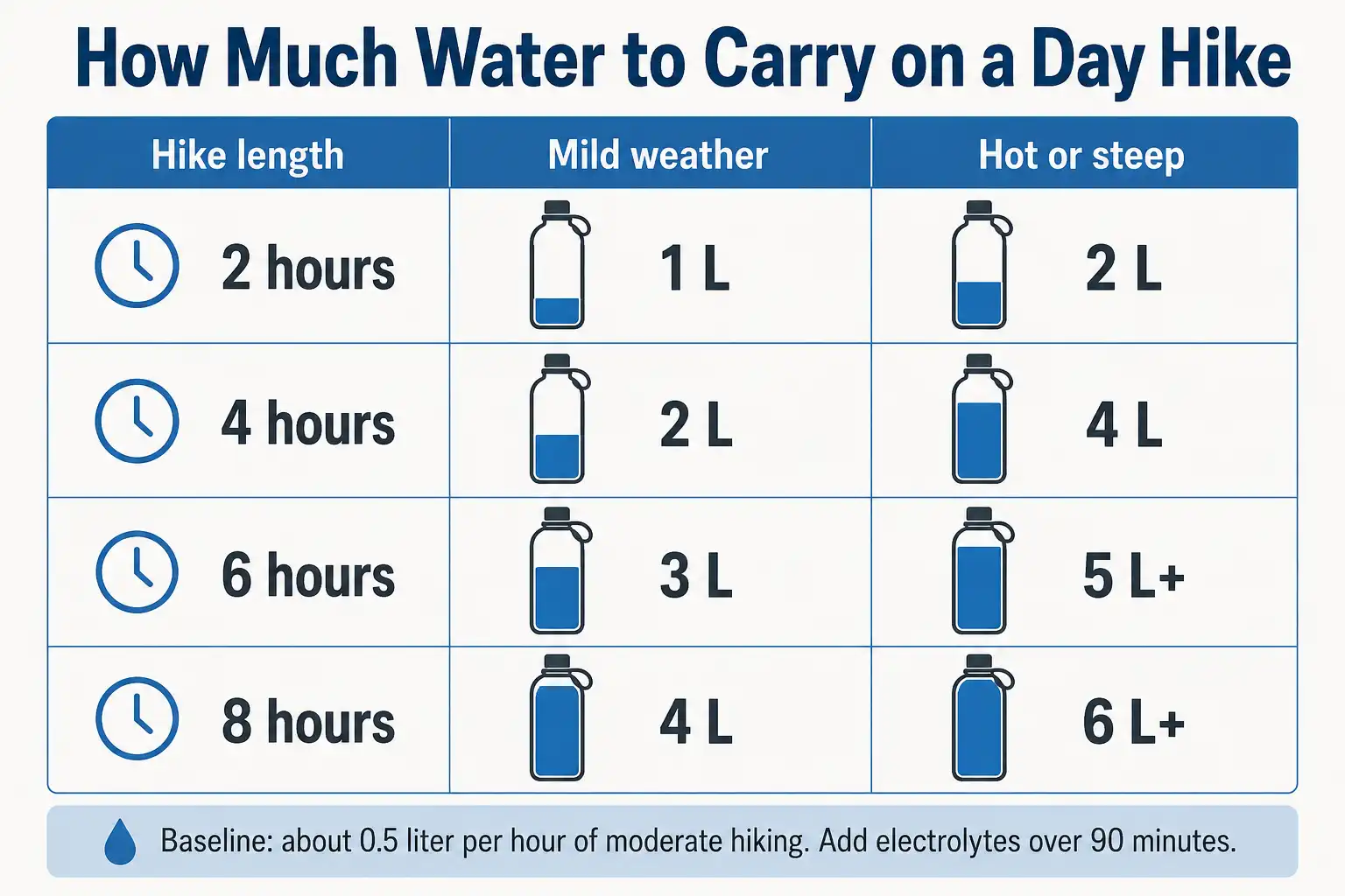 Chart about how much water to carry on a day hike based on hours walking and weather, from one liter for a two hour hike to five liters for a hot eight hour day