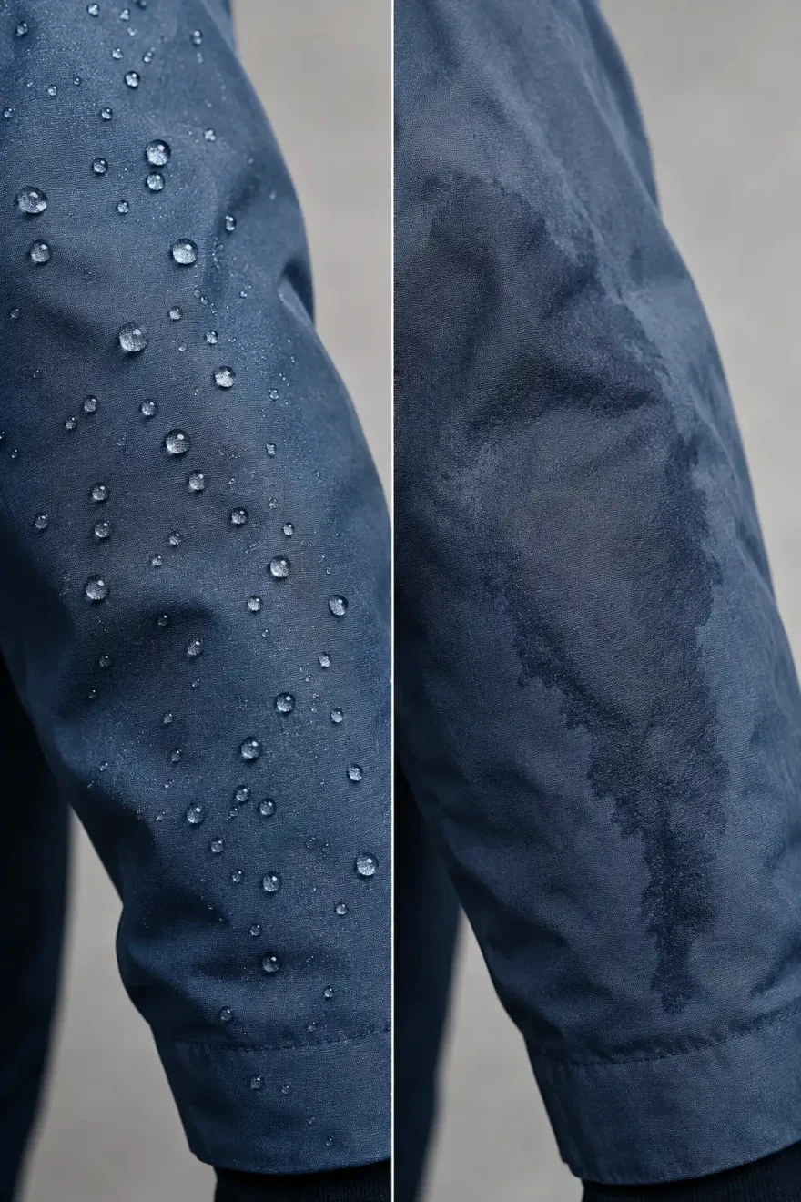 Side by side close up of two rain jacket sleeves, one with water beading on a working repellent finish and one with fabric darkened and soaked where the finish has worn off