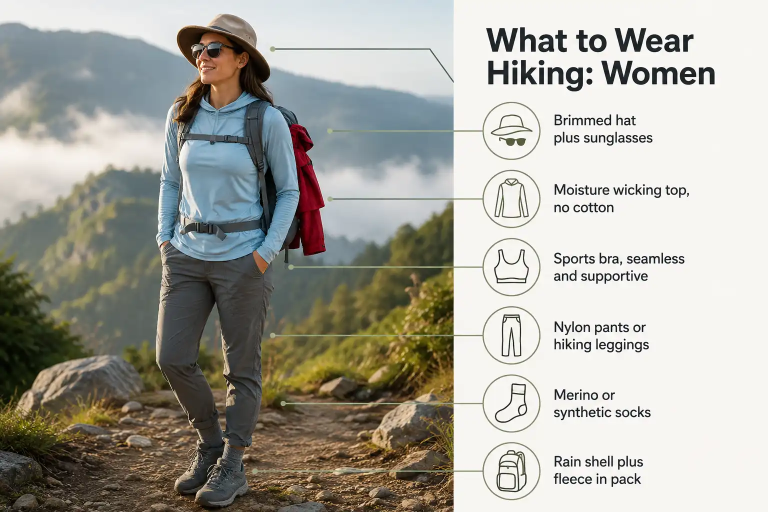 Women's hiking clothing layers labeled from base layer to shell