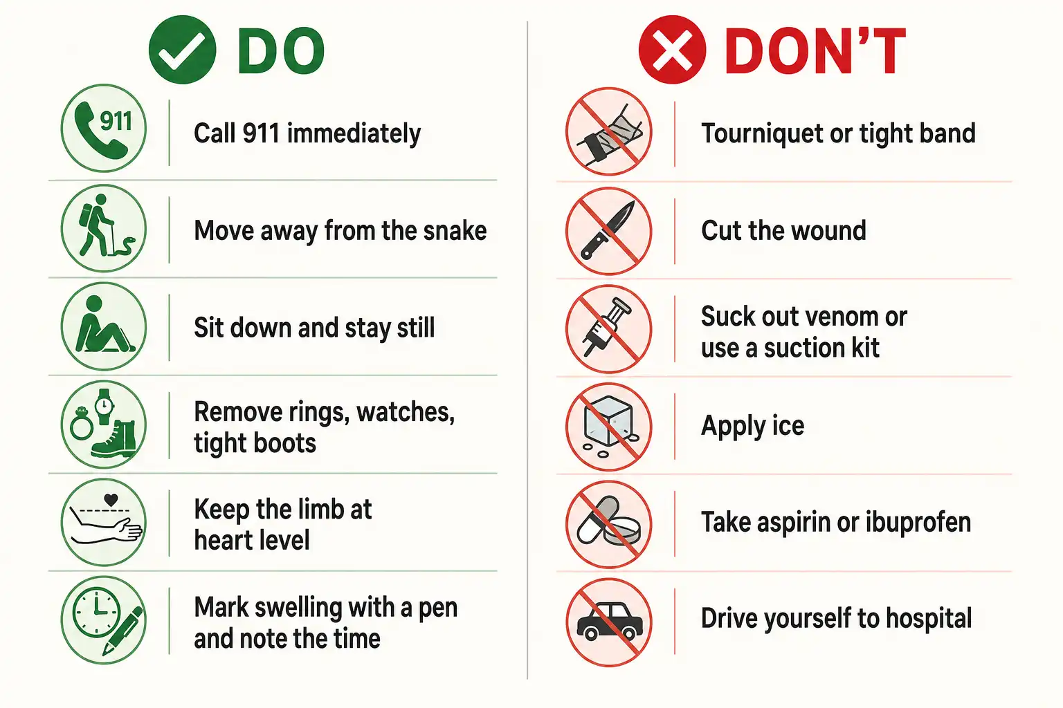 Two column chart listing correct rattlesnake bite first aid actions beside harmful actions such as tourniquets, cutting, ice, and suction kits