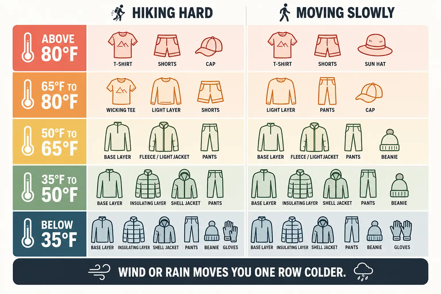Chart matching five temperature ranges to hiking clothing, with separate columns for hiking hard and for moving slowly or stopping often