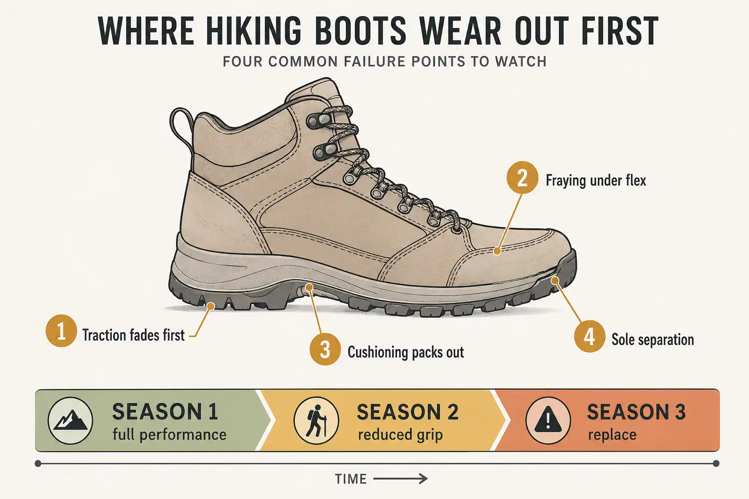 Diagram of a hiking boot marking the four places budget boots fail first, including outsole lugs, forefoot stitching, midsole foam, and sole separation at the toe