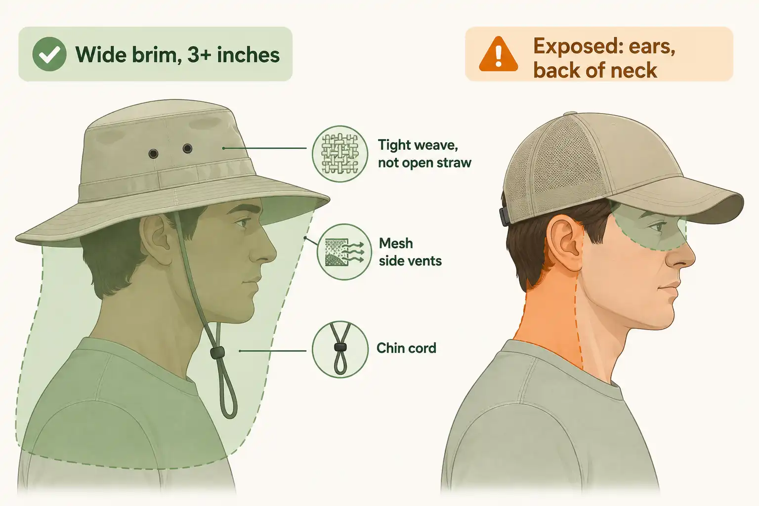 Diagram comparing sun coverage from a three inch wide brim hat and a baseball cap, showing exposed ears and neck under the cap