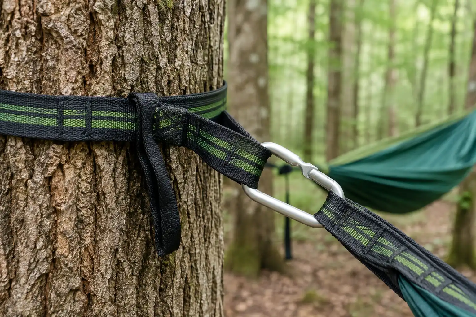 Close-up of a one inch wide webbing hammock strap wrapped flat around a tree trunk with a carabiner clipped to the loop