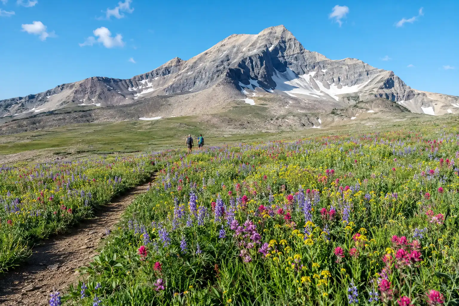 Hikers crossing an open alpine meadow of purple and yellow wildflowers in Timpanogos Basin with the pointed summit rising behind under a blue sky