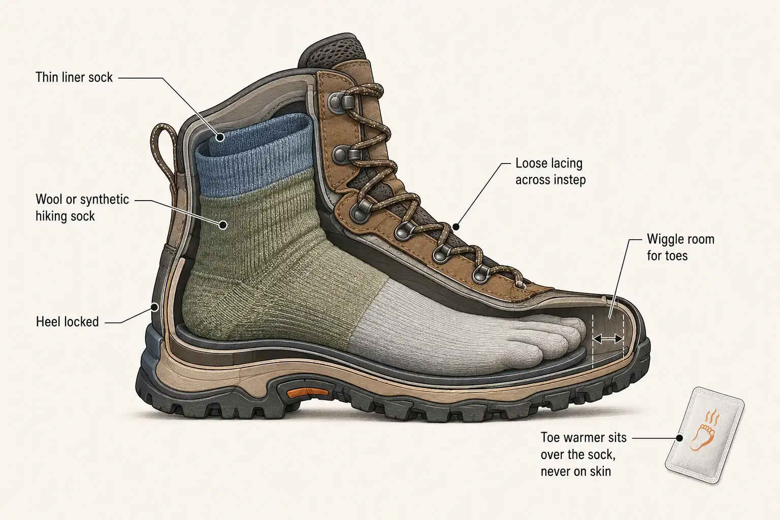 Cross-section diagram of a winter hiking boot setup showing liner sock, wool sock, toe wiggle room and loose instep lacing