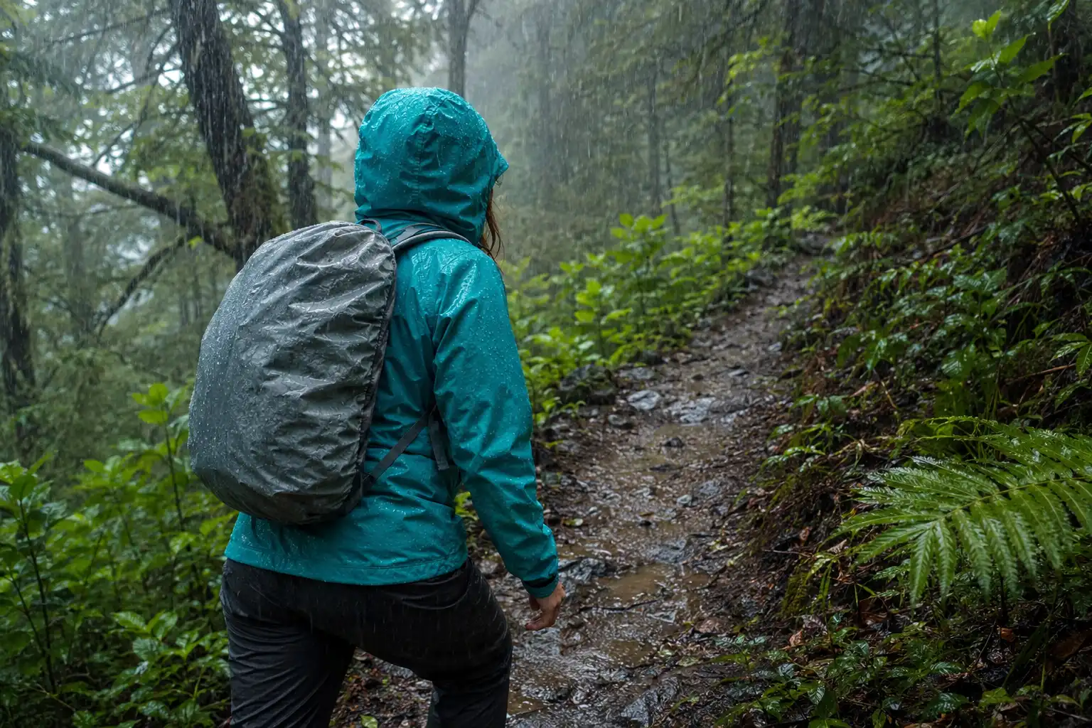 Woman hiking uphill on a wet muddy forest trail wearing a hooded waterproof shell jacket with a daypack and rain cover